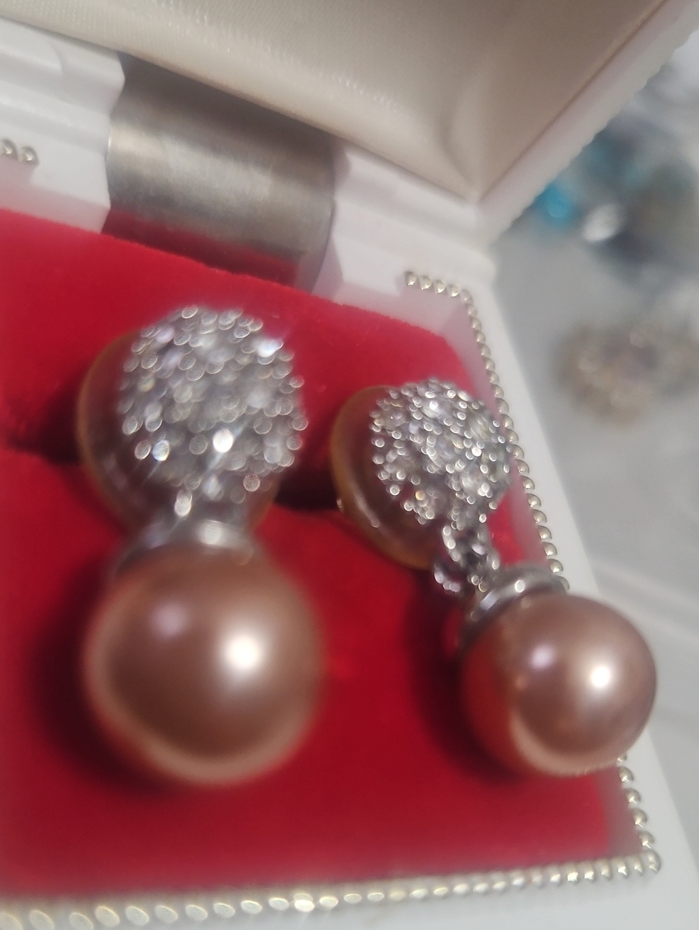 Pink Pearl Drop Earrings In Plated Brass Rhinestone Encrusted Pave Ball. - Picture 3 of 10